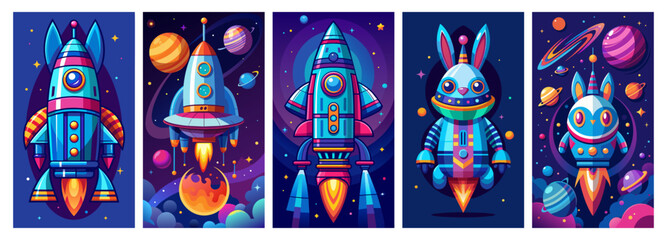 Adorable Spaceship and robots in Retro futurism style for Astronaut, Blue and orange colors. Spaceship in flight . Childish illustration. Vertical composition for mobile. A futuristic scene. 
