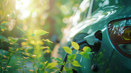 Refueling a car, a fuel injector in sunlight among the leaves of greenery, a background image for biofuel energy