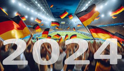 Fußball Fans im Stadion mit der Aufschrift "2024"