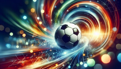 Dynamischer Fußball den bunte Lichtspuren umkreisen, copy space 