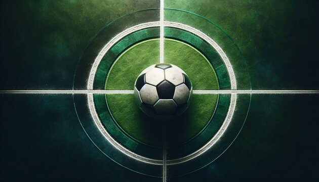 Grafik Anstoss, Fu&szlig;ball in der Mitte eines gr&uuml;nen Feldes, copy space
