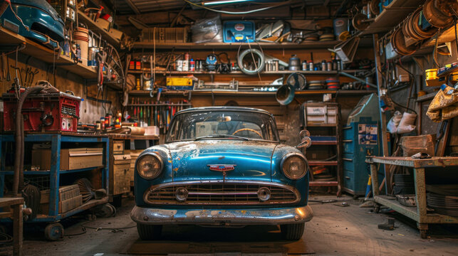 Fototapeta A classic blue vintage car sits in a cluttered, rustic garage, surrounded by various automotive parts.