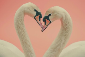 Naklejka premium Two swans forming a heart shape on a pink background. Romantic wildlife photography. Love and valentine concept. Design for greeting cards, invitations.