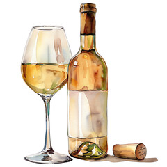 Watercolor Painting of White Wine Glass and Bottle