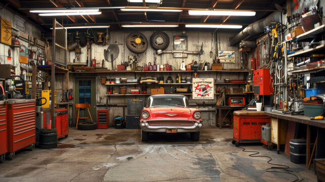 A classic red vintage car parked inside an atmospheric old garage filled with automotive memorabilia.