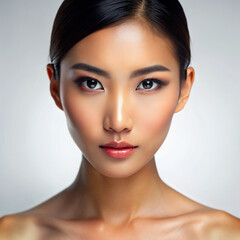 Flawless Asian Woman Closeup Portrait Studio Photography on White Backdrop