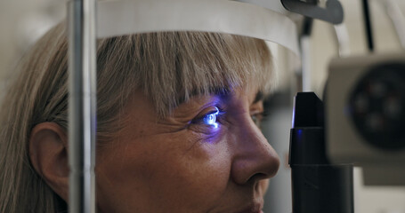 Patient, slit lamp or ophthalmology as eye test, medicine or optometry as healthcare technology....