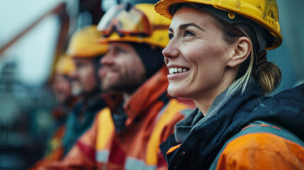A happy female worker in orange safety gear with her team at an industrial site, exemplifying teamwork.
