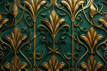 Opulent green and gold wall panel with ornate Art Nouveau style relief patterns