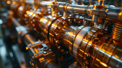 Fototapeta premium Close-up of shiny, complex engine machinery in an industrial setting, highlighting precision and engineering expertise.