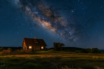 Majestic Milky Way over a mountain lake with a reflecting light wooden house
