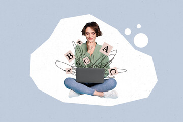 Composite sketch artwork photo collage of young lady sit lotus pose hold laptop think type author...