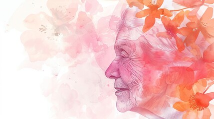 Elderly woman silhouette portrait with simple floral line art on white background