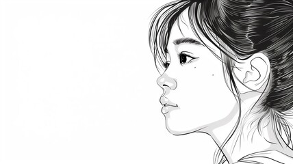 Simple line art drawing of a chinese girl with big eyes, The side view profile picture has simple line work and coloring. Black ink on white paper depicts the girl with in a vector illustration  - obrazy, fototapety, plakaty