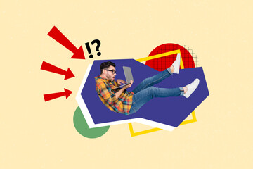 Trend artwork sketch image collage of office manager man confused guy hold in hand computer type keyboard laptop shocked watch fly in air