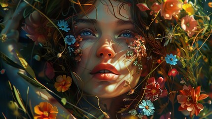 a painting of a woman with flowers on her face, a detailed painting trending on deviantart, fantasy art, detailed painting,