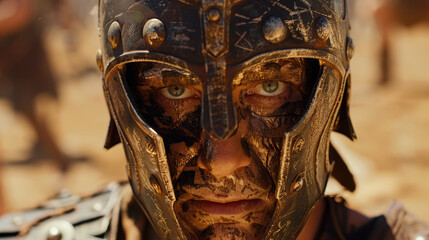 Fantastical portrait of a ancient warrior. Closeup portrait of Gladiator