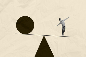 Trend artwork photo collage of beige background huge black silhouette young confused man walk...