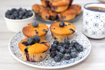 Blueberry muffins baked with fresh blueberries on a white  white background, close-up.  
