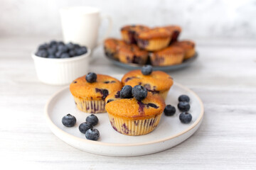 Blueberry muffins baked with fresh blueberries on a white  white background, close-up.  