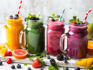 Various smoothies, made with a mix of fruits and vegetables, are showcased in charming jars on a rustic white board. The image highlights the vibrant colors and textures of the nutritious ingredients.