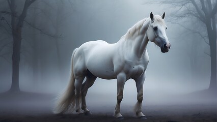 Tranquil Majesty: White Horse Portrait with Hazy Background