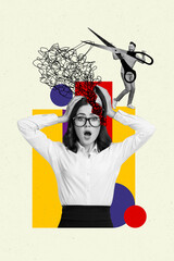 Vertical photo collage of astonished businesswoman opponent man scissors cut head failure problem...