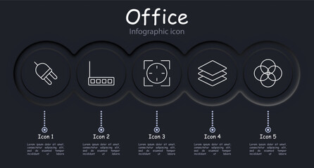 Office set icon. Neomorphism, settings, infographic, scanner, cross, retina scanner, intersection of circles, layers, router, object. Modern technology concept.
