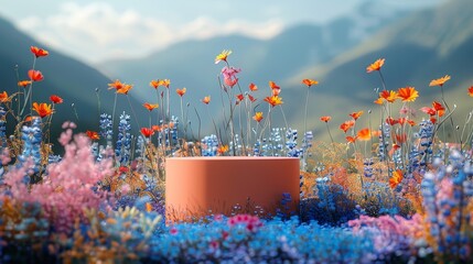 orange podium or pedestal on background of beautiful wildflowers, for product presentation