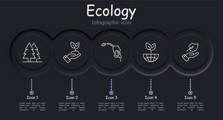 Ecology set icon. Neomorphism, earth, plant, nature, hand, ecological food, infographic, solar panel, solar energy, tag, natural product, biofuel, sprout. Environment care concept.