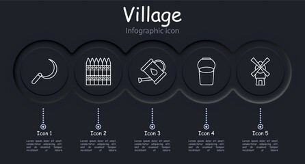 Village set icon. Nature, sprout, spatula, dome, souvenir, infographic, nature conservation, pig, watering can, water, aqua, mill, bucket, fence, honeycomb, bees, honey. Countryside concept.