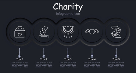 Charity set icon. Helping those in need, heart, peace, infographic, neomorphism, wings, protection, support, assistance, aftercare, humanitarian aid, financial support. Helping concept.
