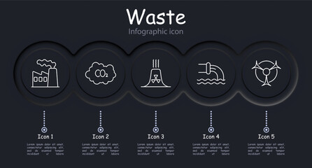 Waste set icon. Infographic, gas, refuse, tailings, cheeseparings, cracked pipe, neomorphism, water, garbage in ocean, radiation, rubbish, nuclear waste, CO2, carbon gas. Refuse concept.
