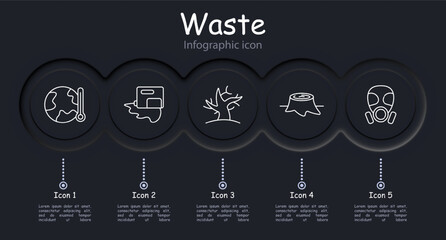 Waste set icon. Infographic, refuse, tailings, cheeseparings, spray can, neomorphism, lungs, plastic, garbage in water, environmental pollution, gas mask, dead tree, wood cutting. Refuse concept.
