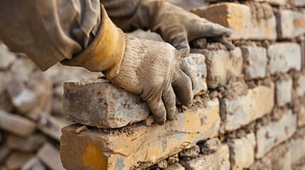 A bricklayer constructer stone wall by hands using bricks