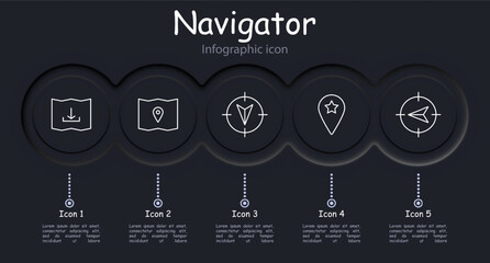 Navigator set icon. B, location, pointer, mark, pointer, tip, map, cross, infographic, up, right, asterisk, neomorphism, mark, map, chart. Orientation in space concept.