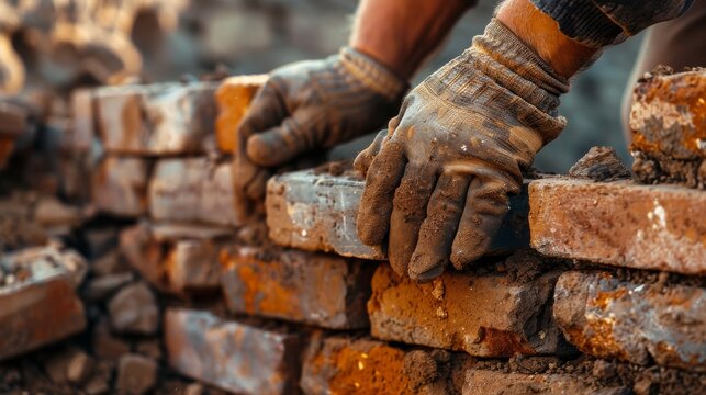 A bricklayer constructer stone wall by hands using bricks