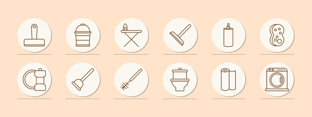 Cleaning set icon. Bucket, ironing board, iron, mop, spray paint, sponge, plunger, brush, toilet, roll of paper, dustpan, sweeping, washing machine, tidy, sweeping. Mopping concept.