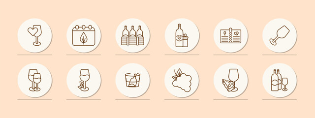 Alcohol set icon. Glass, heart, grapes, fermentation, calendar, aging, bottles, natural products, menu, sommelier, drink with degree, tasting, leaves, cooling, snack, cheese. Wine work concept.