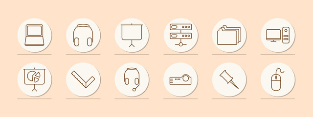 Office set icon. Laptop, headphones, presentation, server, files, folders, computer, monitor, system unit, ruler, microphone, call center, projector, pin button, mouse. Office work concept.