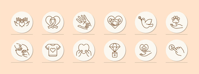 Charity set icon. Helping those in need, heart, palms, hands, ribbon, fighting cancer, bird, flower, animal protection, humanitarian aid, financial support. Helping concept.