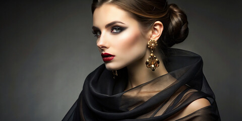 Elegant Model in Luxury Black Style - Silk Shawl and Golden Earring Poses in Studio Lighting