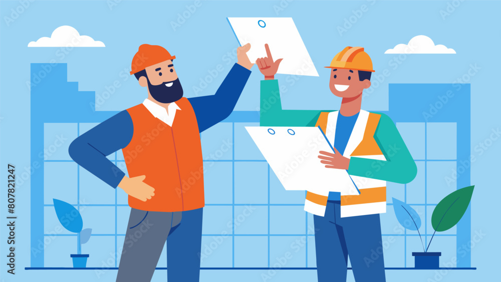 Poster with a confident smile the worker holds up the blueprint for their colleague to see discussing and a