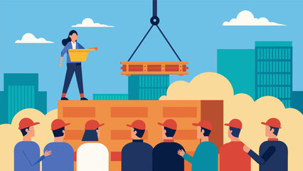 Onlookers watching as a crane hoists bundles of roofing materials to the workers on top of the building.. Vector illustration