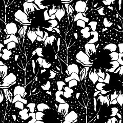 monochrome background image. twig with flowers seamless pattern