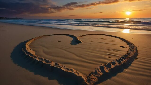 Heart-shaped drawing on the sand during the sunset. AI.