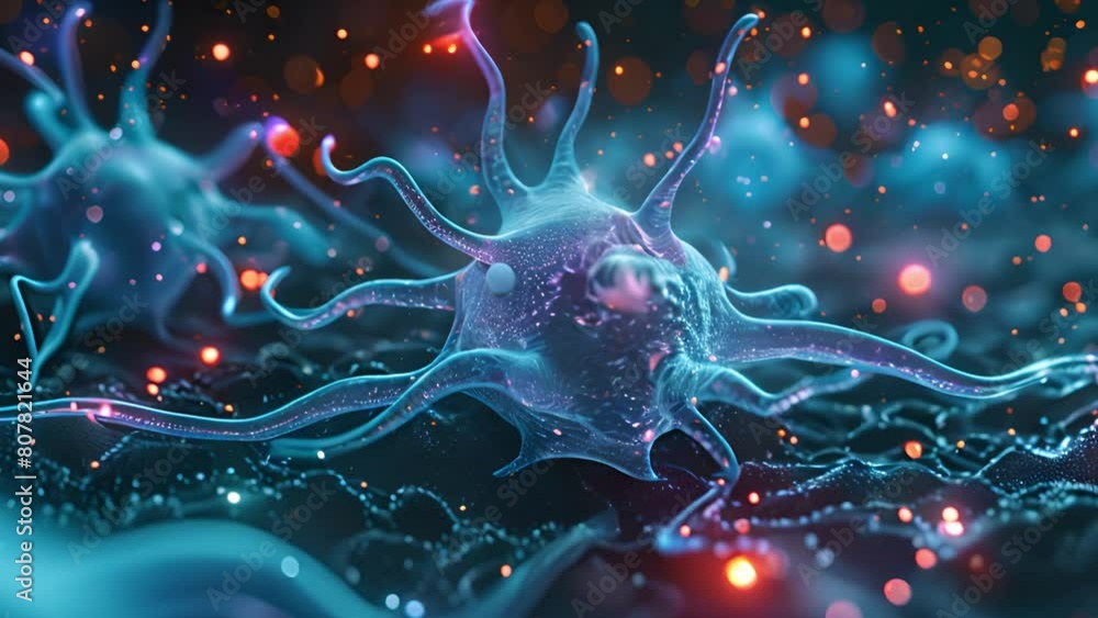 Poster digitally rendered neurons connected by synapses in a brain.