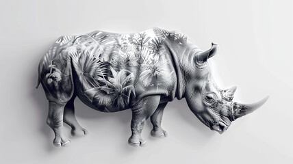 Rhinoceros in palm leaves, abstract black and white graphic background image of the animal