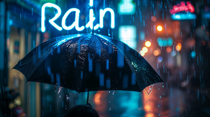 An umbrella with a luminous rain title on a dark rainy background