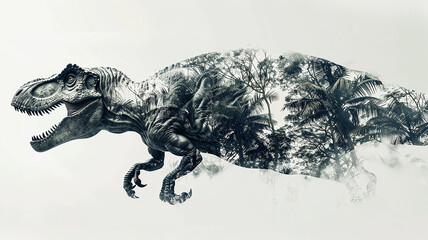 Dinosaur in the leaves of trees, abstract black and white graphic background image of a Tyrannosaurus